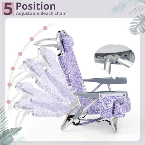 Outvita Backpack Beach Chair, 5 Level Adjustable Positions Beach Chair with Back Storage Bag, Cooler Pouch and Side Bags f...