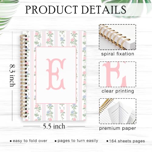 SYLLHRZGB Coquette Initial Letter E Spiral Notebook Journal, Grandmillennial Rose Notebooks for Work, Preppy Floral Journa...