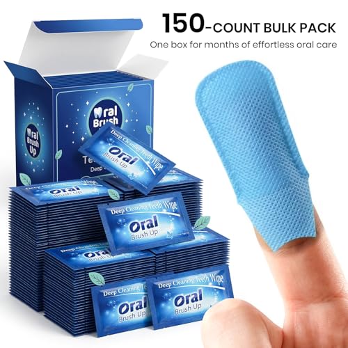 150pcs Disposable Textured Teeth Wipes Finger Brush Oral Brush Ups, Deep Cleaning Dental Wipes, Individually Wrapped, Mint...