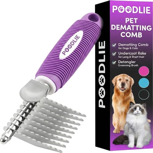 Poodle Dematting Fur Rake Comb Brush for Dogs and Cats - Long 2.5" Steel Safety Blades Metal Comb for Detangling Matted or...