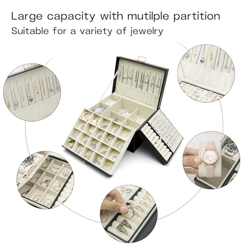 Jewelry Organizer, Travel Jewelry Box Organizers for Women Girls, Jewellery Display Holder 3 Layers Large PU Leather Jewel...