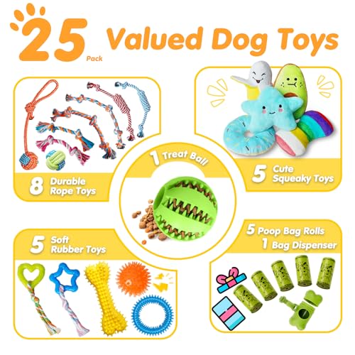 Zeaxuie 25 Pack Luxury Dog Chew Toys for Puppy, Dog Toys with Ropes, Treat Ball and Squeaky Puppy Toys for Teething Small ...