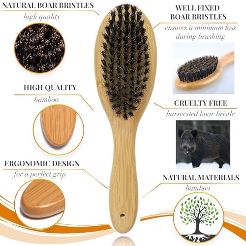 Patina Dog Cat Brush for Shedding, Natural Bamboo Boar Bristles Brush, Pet Grooming Supplies for Short and Long Haired Dog...