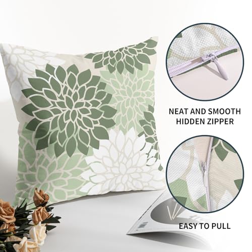 aportt Sage Green White Floral Pillow Covers 18X18 Inch Set of 2 Geometric Dahlia Flower Decorative Pillow Cases Modern Co...