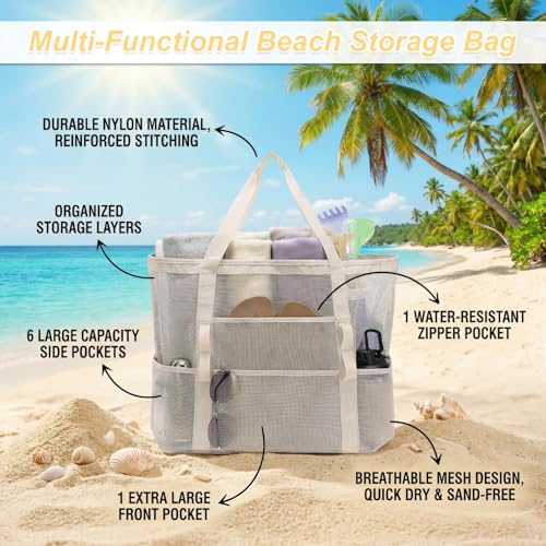 Viwnrxta 4Pcs Mesh Beach Bags with Zipper Pocket, Large Beach Tote for Cruise Family Travel Pool Vacation Essentials