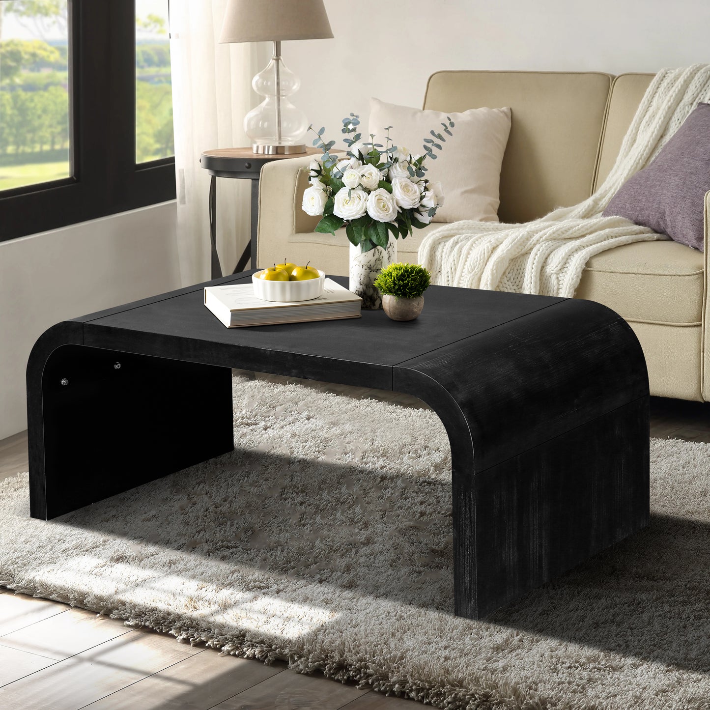 Farmhouse  Vintage Crafts Coffee Table,Curved Art Deco Design, Easy Assembly, 48  W X 24  D X 18   Antique Black  Same To Old SKU  W1445P214061