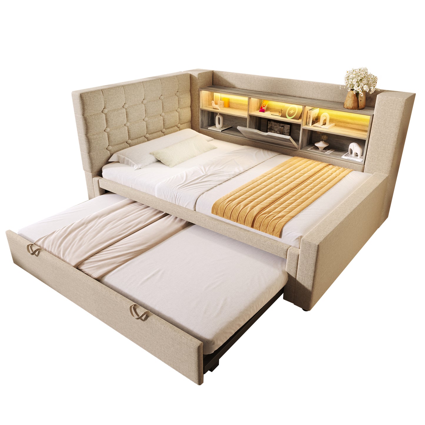 Upholstered Bed Bed 90x200 Cm With Pull-out Bed 90x190, And LED Lighting, Struraum Bed, L-shaped Headboard With Storage Space, Can Be Mounted On Both Sides, Slatted Base, Linen, Beige  Without Mattres