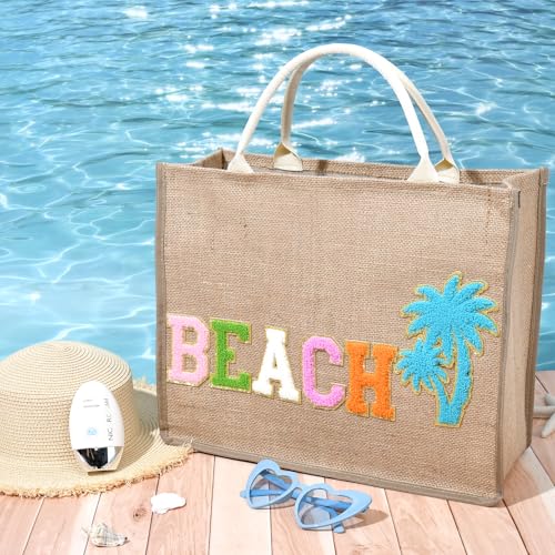 KUIRAN Beach Bag for Women Large Woven Straw Bag with Chenille Letter Patches and Water-resistant Lining, 20L Tote Handbag