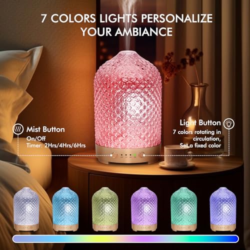 Essential Oil Diffuser 200ml-Ultrasonic Aroma Diffuser with 4 Timers, Aromatherapy Diffuser 7 Color LED Lights Auto Shut-O...