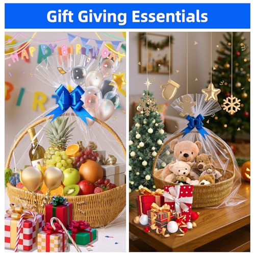 Homrelaxy 20 Pcs 24 x 30 Inches Cellophane Bags for Gift Baskets with 20 Colorful Pull Bows, Plastic Clear Basket Bags, Ce...