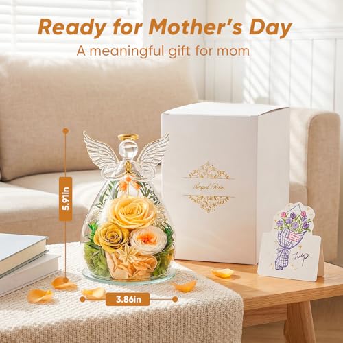 Preserved Rose in Glass Angel Figurine, Mothers Day Gifts for Mom/Wife/Grandma, Forever Flowers Rose Anniversary, Graduati...