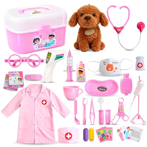 Girl Toys Doctor Kit for Toddlers 3-5 with Plush Dog, 39 PCS Kids Vet Play Set with Heartbeat Sound Stethoscope & Dress Up...
