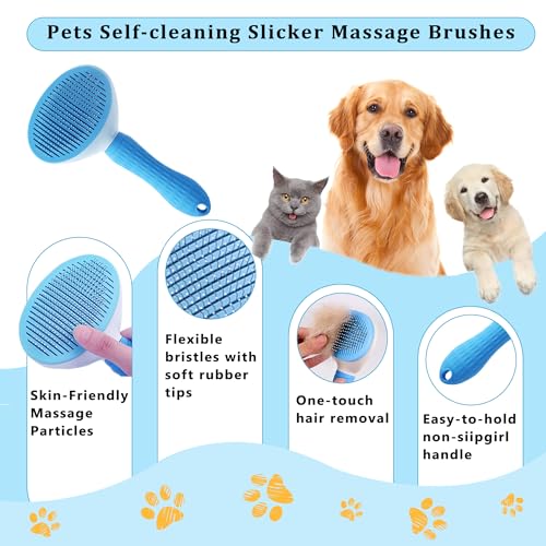 7PCS Dog Grooming Brush Kit for Shedding and Matted Fur, Self-Cleaning Slicker Brush with Undercoat Rake, Flea Comb for Lo...