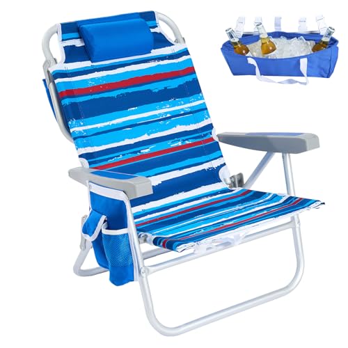 SUNNYFEEL Low Beach Chair 5 Position Lay Flat, Portable Folding Backpack Beach Chairs Heavy Duty with Cooler Bag, Cup Hold...
