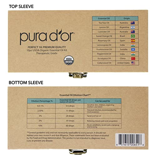 PURA D'OR Organic Perfect10 Essential Oils Set - 10x 10mL Wood Box Aromatherapy Gift Set - 100% Pure Therapeutic Grade for...