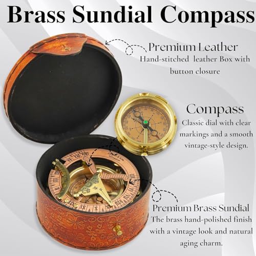 NETAEX Personalized Engraved Antique Brass & Copper Sundial Compass, Sundial Clock in Leather Box Gift Sun Clock Ship Repl...