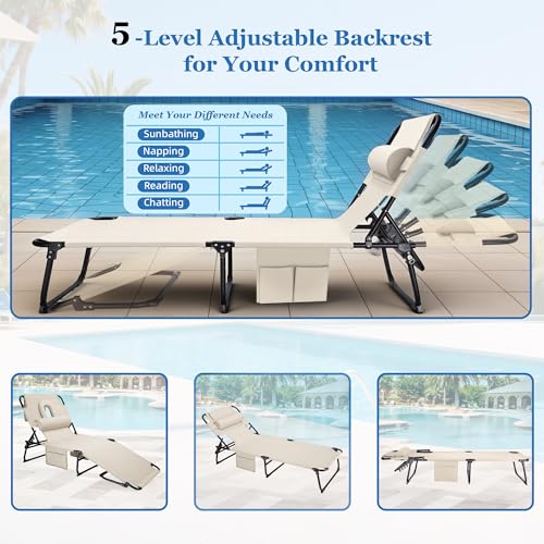 Ahsuname 3-in-1 Sun Tanning Chair with Face Holes, Folding Chaise Lounge Chairs, 5-Position Adjustable Lounge Chair Outdoo...