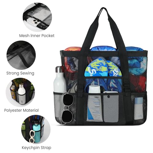 Ymomode Beach Bag - Mesh Beach Bag Large 8 Pockets, Beach Tote Bag Beach Essentials for Vacation Must Haves