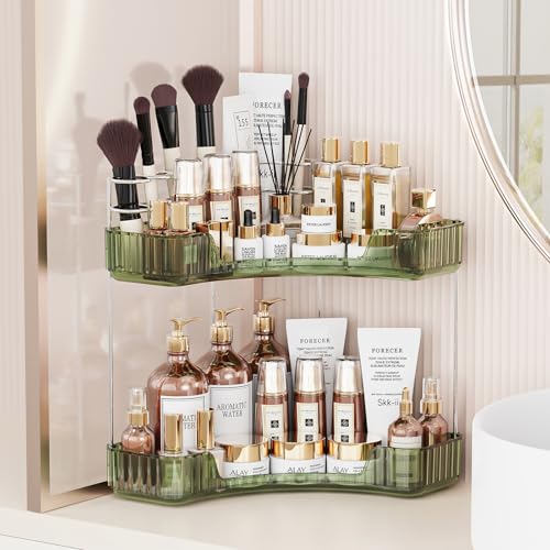 Asayuee 2-Tier Corner Bathroom Counter Organizer with Top Toothbrush Holders,Large Makeup Organizer Countertop with Brush ...