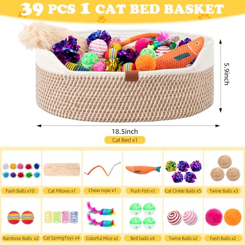 Leitee Valentine's Day Cat Bed Storage Basket with 40 Pcs Cat Variety Toys Pack Set Includes Pillows, Spring Toy, Chew Rop...