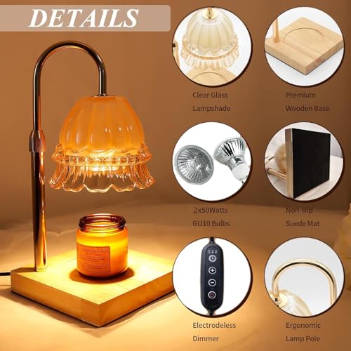 WARMCITY Glass Flower Lampshape Candle Warmer Lamp with Adjustable Height, Wax Burner Lamp with Timer and Dimmer, Wooden B...