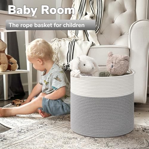Goodpick Cotton Rope Storage Basket, 15 x 14.2 Inches Baby Laundry Baskets for Clothes, Toy Storage Blanket Basket With Ha...