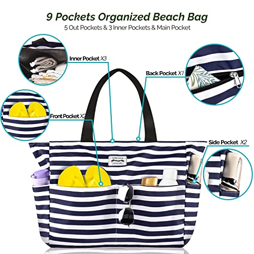 HOMESPON Large Waterproof Beach Bag for Women Sandproof Tote Bag Pool Bag with Zipper and Pockets for Travel Vacation Gym