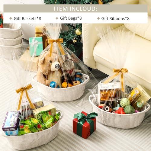 8 Pack Small Woven Basket with Gift Bags and Ribbons, All 12"x 8"x 5", Empty Decorative Gift Chest Box, Cute Baby Gift Bas...
