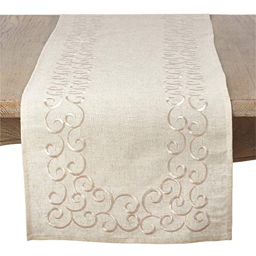 SARO LIFESTYLE Swirling Collection Embroidered Design Linen Blend Table Runner, 16" x 90", Natural