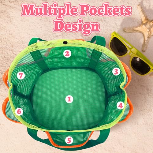 GQIRIL Mesh Beach Bag, Foldable Waterproof Sandproof Beach Storage Tote with 6 Pockets, Swim Tropical Vacation Pool Essential