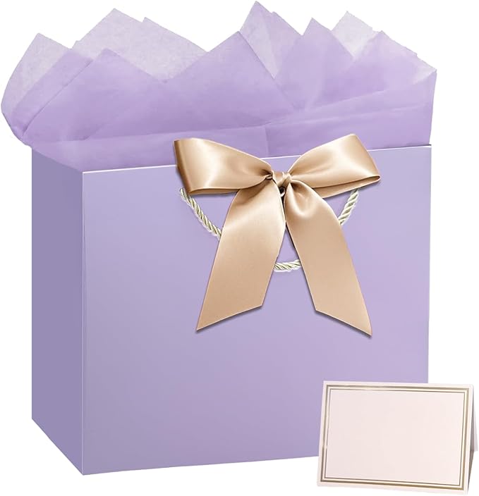 PrintGuru 13” Large Purple Gift Bag with Handles, Birthday Gift Bag with Tissue Paper and Greeting Card, Birthday Bag for ...