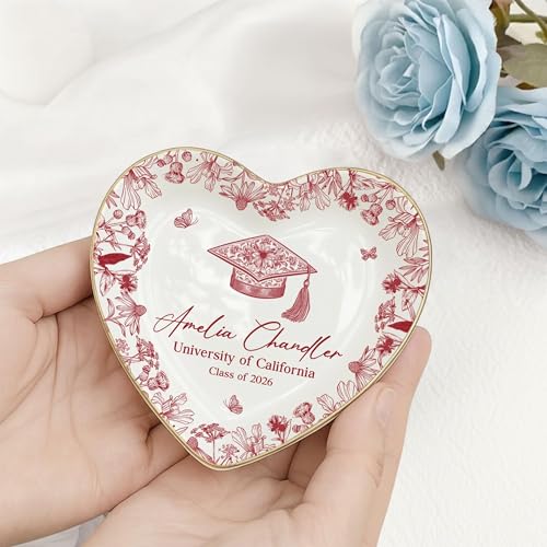 HHLYN14 Personalized Graduation Jewelry Dish 2026, Custom Name Ring Dish, Floral Trinket Plate, Class of 2026 Gift for Dau...