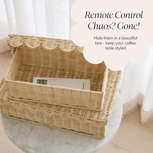 BEBE BASK Handwoven Stackable Decorative Storage Boxes with Lids, Set of 2 (14 × 8 × 4 in) – Scalloped Wicker Basket for H...