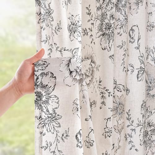 jinchan Floral Curtains for Living Room 84 Inch Length Farmhouse Printed Curtain Rod Pocket Back Tab Black Peony Flower Pa...
