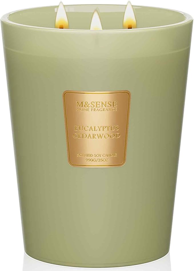 M&SENSE Eucalyptus Cedarwood Soy Large Candles, 3-Wick 35oz 150H Slow Burning, Aromatherapy Candle for Office Relaxation W...