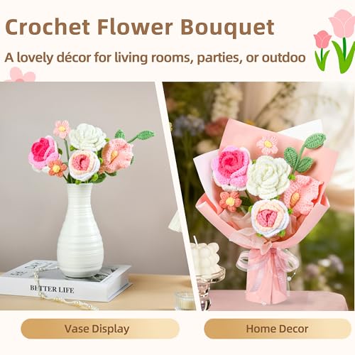 MengxFly Crochet Flower Bouquet Pink, Handmade Crochet Flowers Bouquet, Knitted Floral Gift for Her, Mothers Day Birthday ...