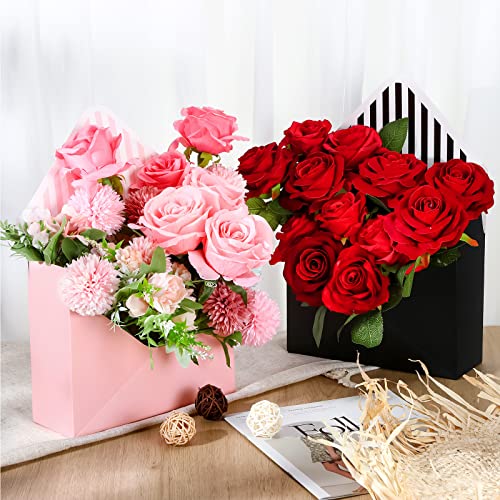 Outus 20 Pcs Mother's Day Floral Envelope Boxes Empty Paper Flower Bouquet Envelop Paper Boxes Pink Black Stripe Florist F...