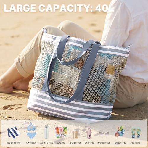 G4Free Mesh Beach Bags for Women Men Extra Large Packable Beach Tote Bag Reversible Travel Pool Shopping