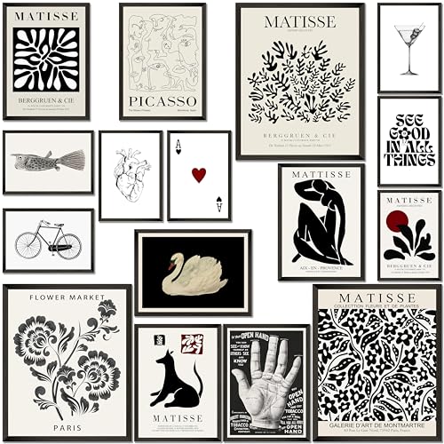 LANCHI95 16 PCS Black and White Home Decor, Eclectic Wall Art, Minimalist Posters for Living Room Aesthetic, Matisse Abstr...