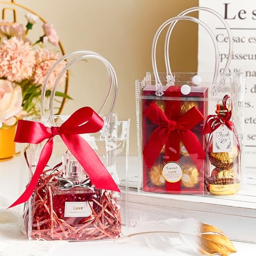 Ohuimrt 50 PCS Clear Plastic Gift Bags with Handles, 5.9 x 4.92 x 2.75 Inches Reusable Party Favor Bags with Ribbon Transp...