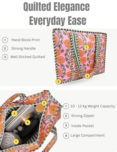 Third Eye Export 100% Cotton Quilted Tote Bag For Women 18x16– Large Zipper Reusable Beach Bag & Travel Bag Purse