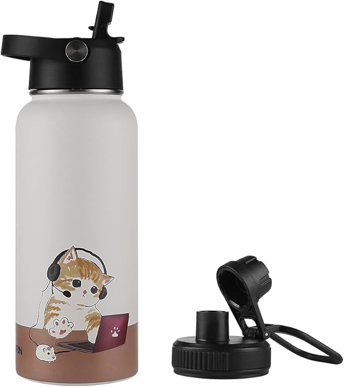 Funkrin Insulated Water Bottle with Straw Lid & Spout Lid, 32oz Personalized Vacuum Stainless Steel Travel Mug, Leak Proof...