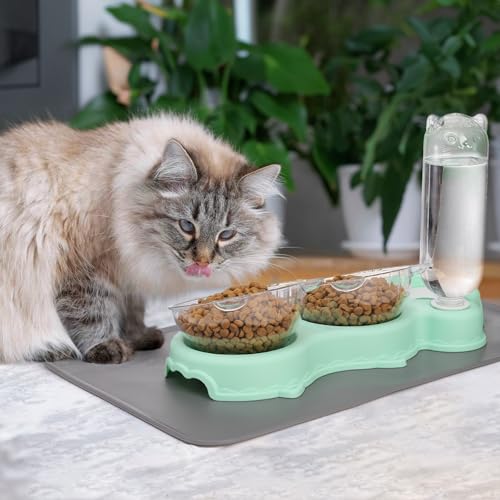 WRINGKIT Triple Cats Bowls, Cat Food Water Bowl with Mat and Scoop, 15° Tilted Raised Cat Bowl Dishes with Automatic Water...