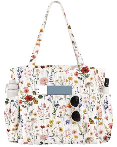Miss Adola Large Corduroy Tote Bag for Women - Cute Shoulder Reusable Canvas Bags with Zipper Multi-Pocket for School