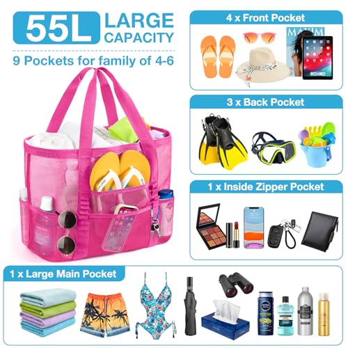 KPX Mesh Beach Bag, Large Beach Tote Bags for Women Foldable Mesh Swimming Pool Bag with Mini Pockets - Sandproof, Waterproof