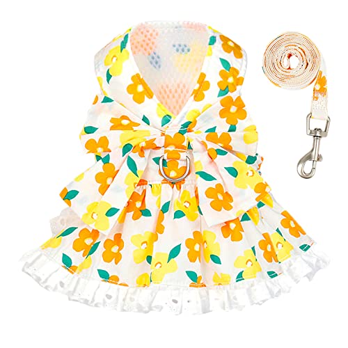 ABRRLO Dog Harness Dress Leash Set for Small Dog Summer Clothes Girl Female Puppy Cats Outfits Cute Floral Bowknot Princes...