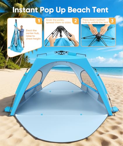 Raynesys Beach Tent Sun Shelter for 5-6 Person, Pop Up Beach Canopy, UPF 30+ UV Protection, Breathable Mesh Window, Portab...