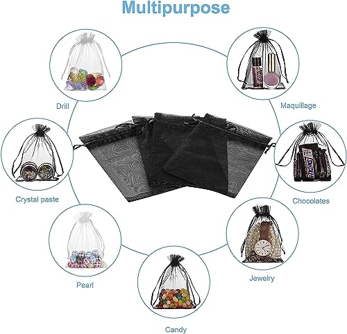 HongyiTime 100PCS Premium Sheer Organza Bags, Black Wedding Favor Bags with Drawstring, 4x6 inches Jewelry Gift Bags for P...