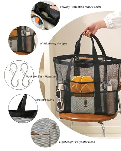 Funxdola 2-Pack Large Mesh Carryall Tote Beach Bags - 8 Front Back Pockets Zip Compartment for Toiletry Travel with 2 S Hooks