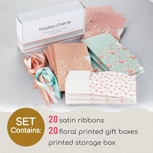Floral Gift Boxes with Lids & Ribbons (20 Pack) 8” x 4” Cute Decorative Pastel Treat Boxes Empty for Small Presents, Cooki...
